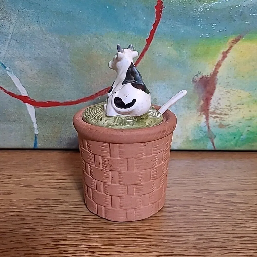 Vtg Takahashi Sugar Jam Jar Trinket Dish Cow Basket Weave with Spoon Japan